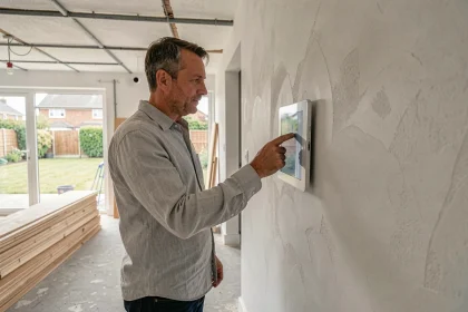 Homme installant un panneau domotique tactile dans un salon en cours de rénovation complète
