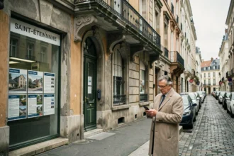 Façade d'immeuble résidentiel à Saint-Étienne avec agence immobilière et passant consultant son téléphone