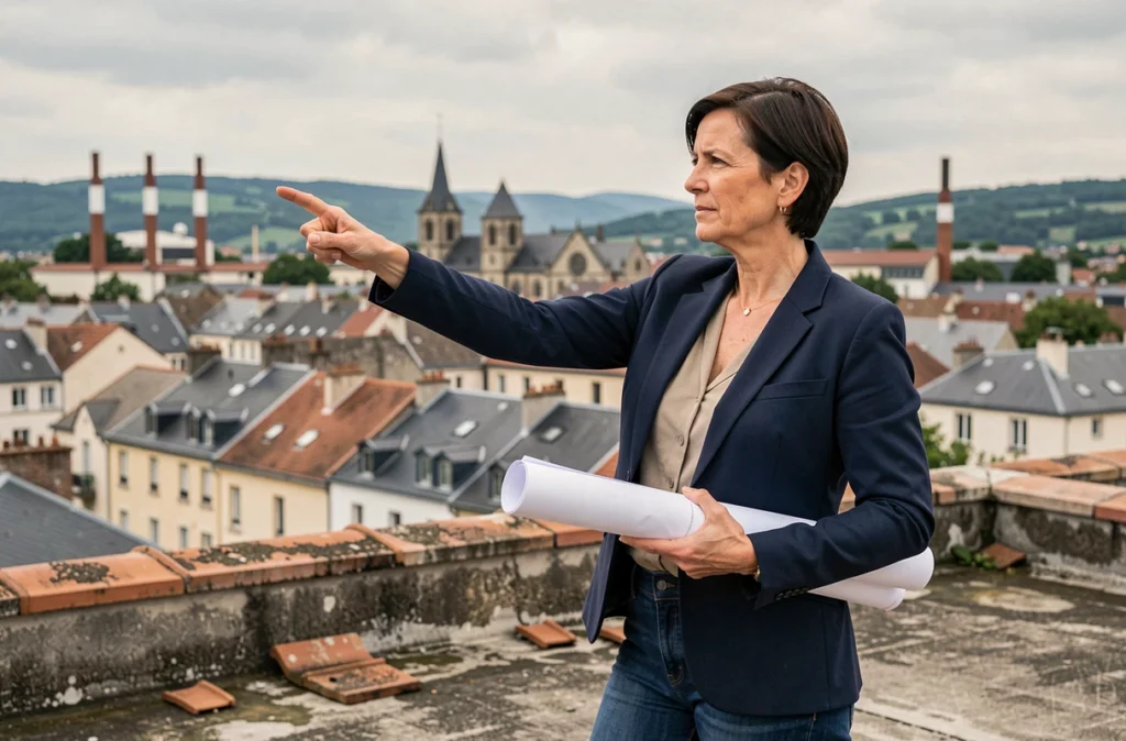 Investisseuse immobilière sur un toit avec vue panoramique sur les quartiers de Saint-Étienne