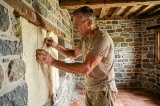Artisan appliquant une isolation en chanvre et chaux entre les poutres en bois d'une maison ancienne en pierre
