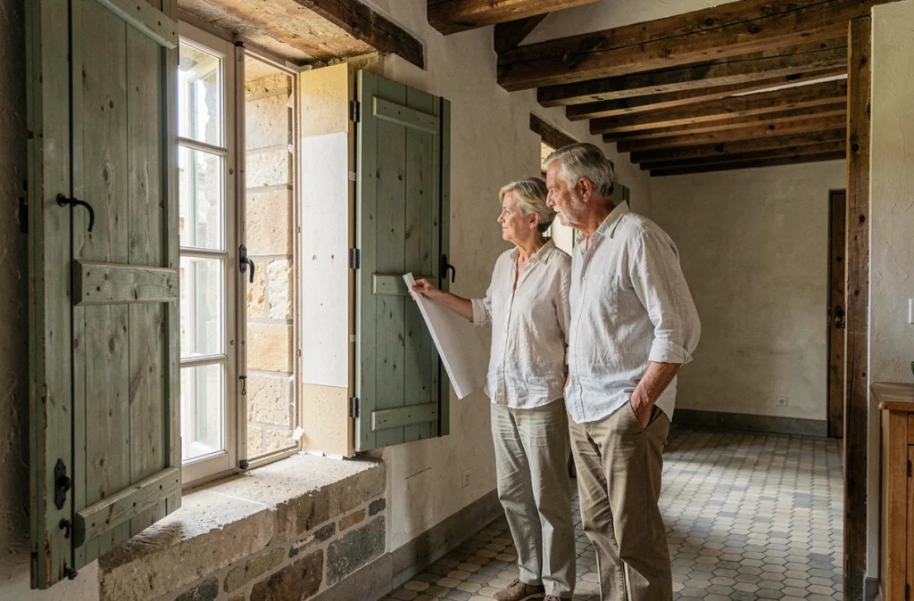Couple inspectant l'isolation intérieure d'une fenêtre à embrasure dans une maison de campagne française ancienne restaurée