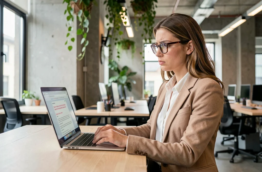 Jeune femme professionnelle cherchant à résoudre un problème de connexion à MyFoncia depuis un espace de coworking