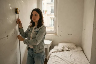 Locataire mesurant la superficie d'une petite chambre de location avec un mètre ruban