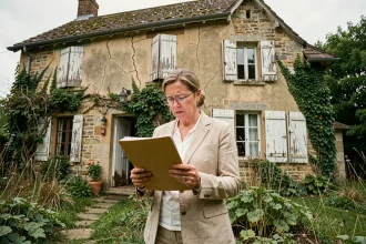 Femme tenant des documents devant une vieille maison en pierre délabrée proposée gratuitement avec des conditions cachées