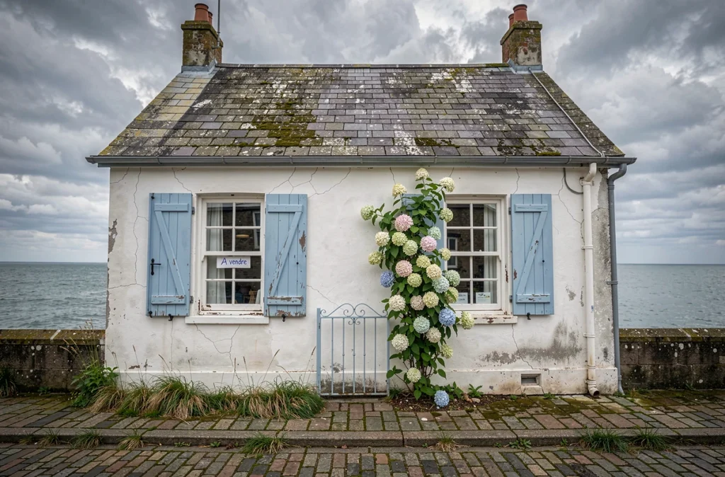 Façade d'une maison de pêcheur normande à vendre en bord de mer avec volets bleus et panneau de vente immobilière