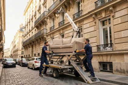 Déménageurs utilisant un monte-meubles hydraulique pour monter un canapé au troisième étage d'un immeuble haussmannien à Paris