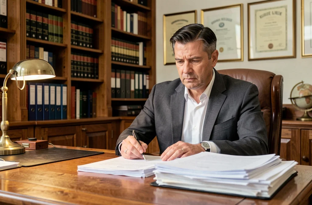 Notaire expliquant les conditions cachées d'une donation de maison gratuite dans son bureau officiel