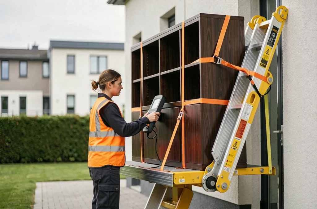 Déménageuse opérant la télécommande d'un monte-meubles pour déplacer une grande bibliothèque en bois dans une résidence moderne