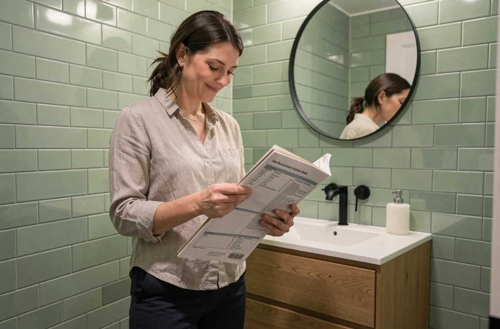 Propriétaire évaluant les matériaux pour la rénovation de sa salle de bain avec un budget en main