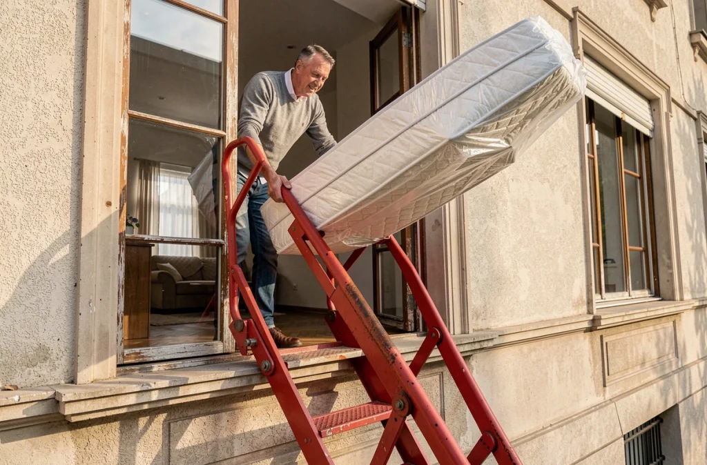 Propriétaire recevant un matelas emballé livré par monte-meubles à travers une fenêtre d'appartement