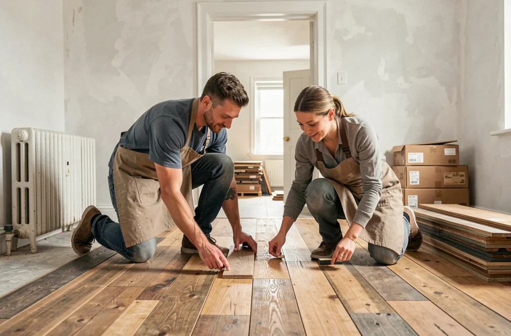 Duo de rénovateurs posant un parquet en bois ancien récupéré dans un appartement en cours de rénovation
