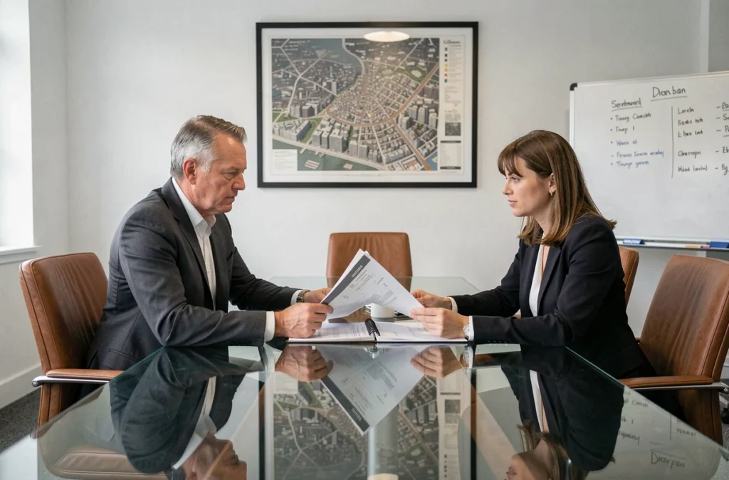 Deux professionnels en réunion d'affaires consultant un rapport d'audit financier pour évaluer une entreprise du secteur immobilier
