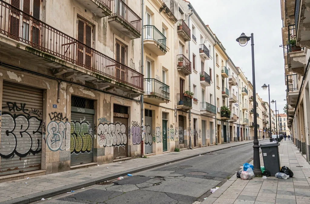 Rue déserte et dégradée du 9ème arrondissement de Marseille avec façades abîmées et graffitis
