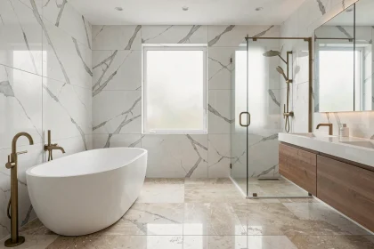 Salle de bain rénovée avec baignoire îlot et revêtement en marbre blanc, style moderne et haut de gamme