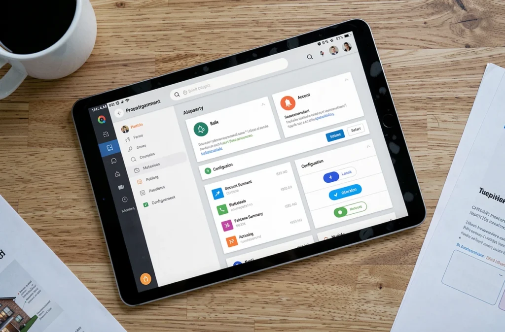 Vue en plongée d'une tablette affichant le tableau de bord MyFoncia avec notifications et options de configuration du compte