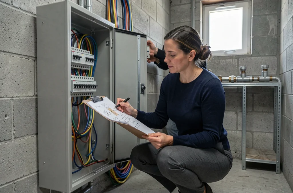 Technicienne vérifiant le câblage domotique d'un tableau électrique intelligent lors d'une rénovation