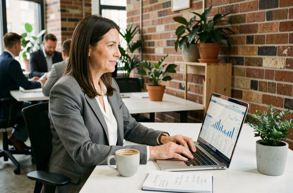 Comptable analysant des données financières sur ordinateur pour vérifier la fiabilité d'une entreprise immobilière