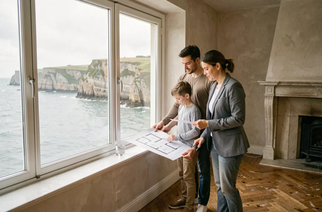 Agent immobilier présentant des plans à une famille dans une maison normande en bord de mer lors d'une visite immobilière