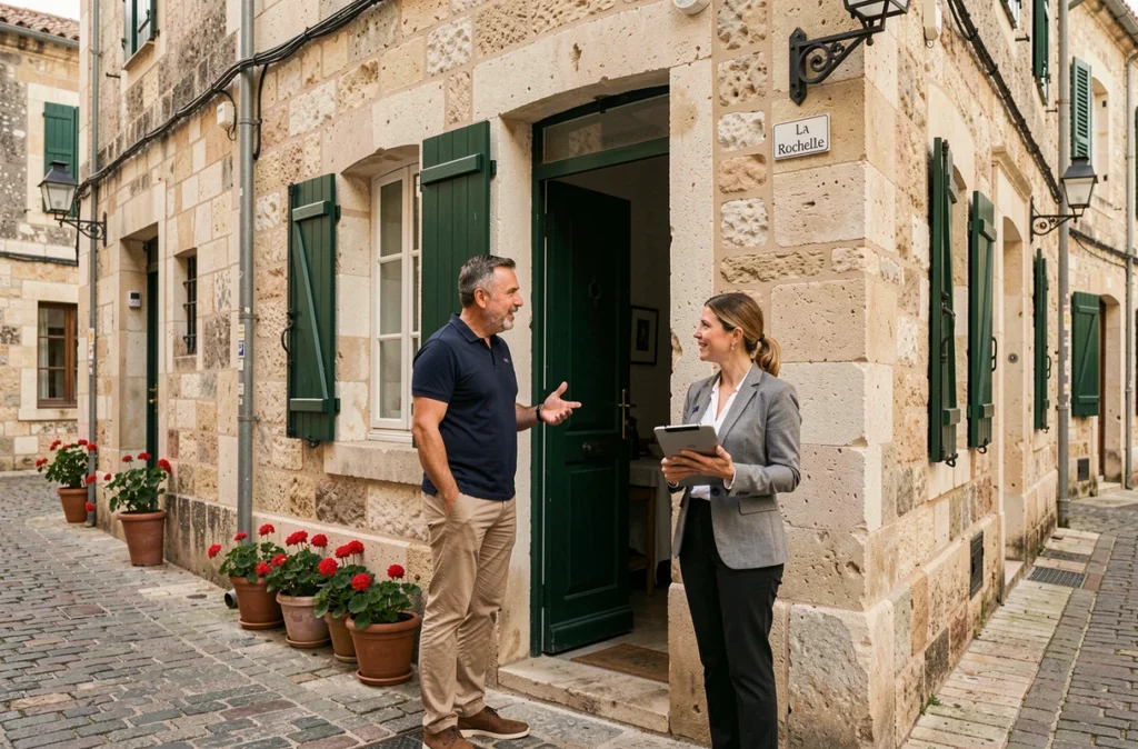 Propriétaire et agent d'assurance discutant devant une maison en pierre typique de La Rochelle