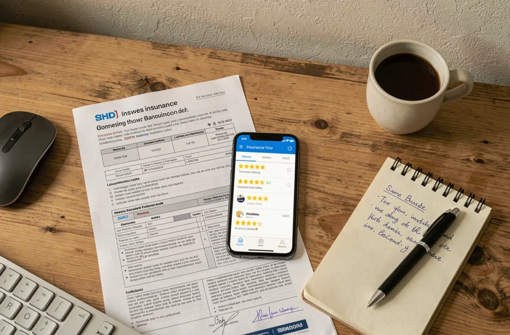 Vue aérienne d'un bureau avec documents d'assurance habitation et avis en ligne sur smartphone