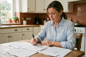 Femme calculant son assurance habitation avec des documents sur une table de cuisine