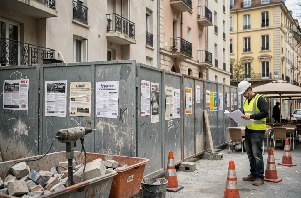 Chantier urbain bruyant dans un quartier bordelais avec grues, gravats et barrières de sécurité autour d'un immeuble en rénovation