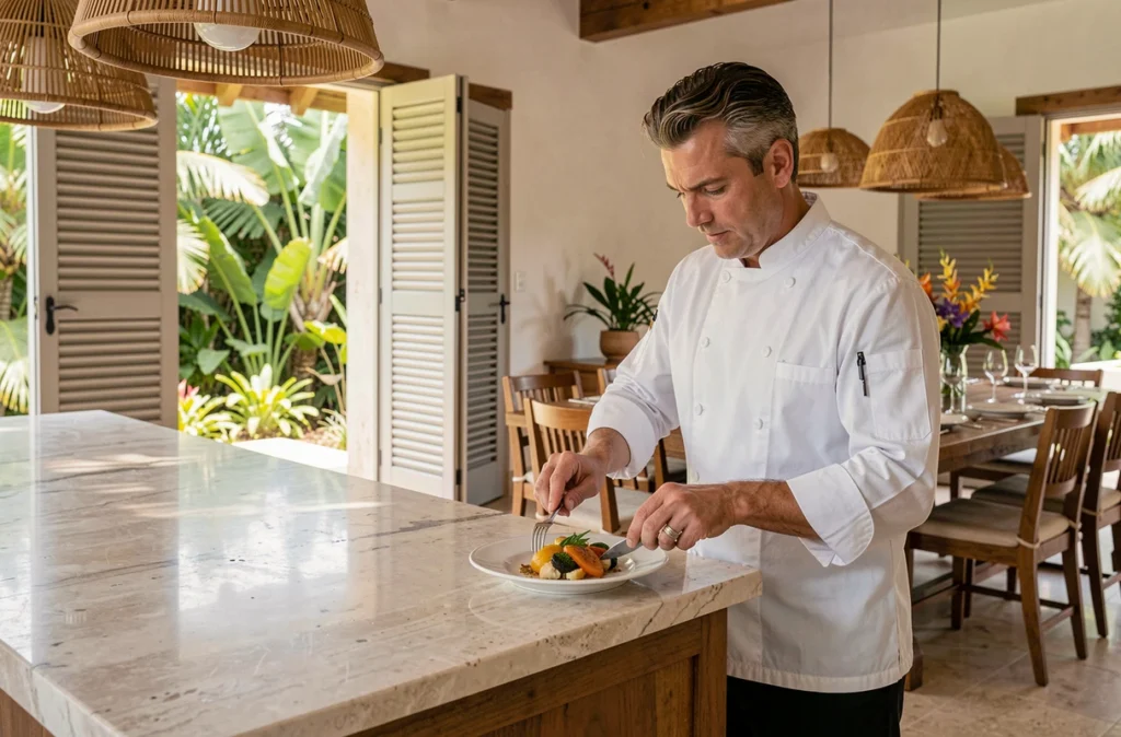 Chef privé préparant un repas gastronomique dans la cuisine d'une villa tout inclus à Saint-Barthélemy