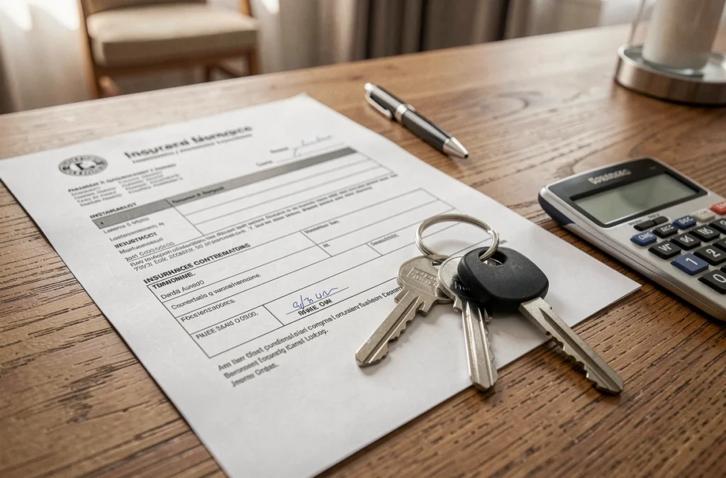 Clés d'appartement et contrat d'assurance habitation posés sur un bureau en bois avec un stylo et une calculatrice