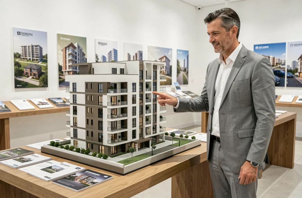 Architecte Cogedim présentant une maquette de résidence moderne dans un showroom immobilier épuré