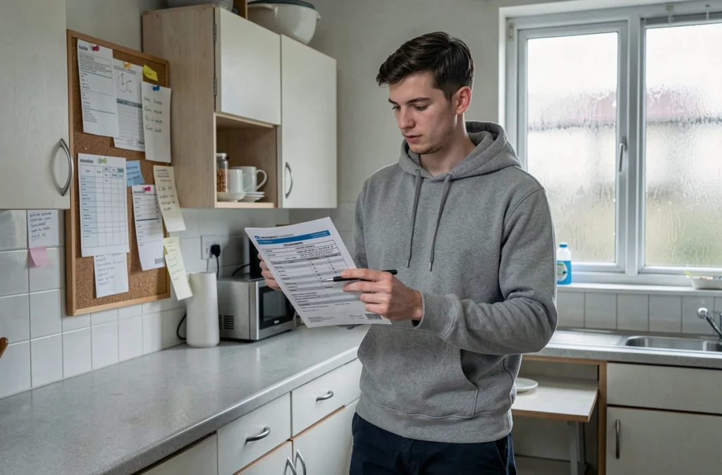 Jeune homme en colocation étudiant examinant un devis d'assurance habitation dans une cuisine partagée