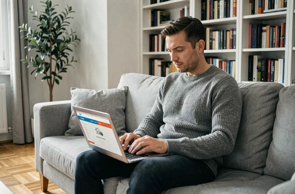 Homme comparant des offres d'assurance maison sur un ordinateur portable dans son salon
