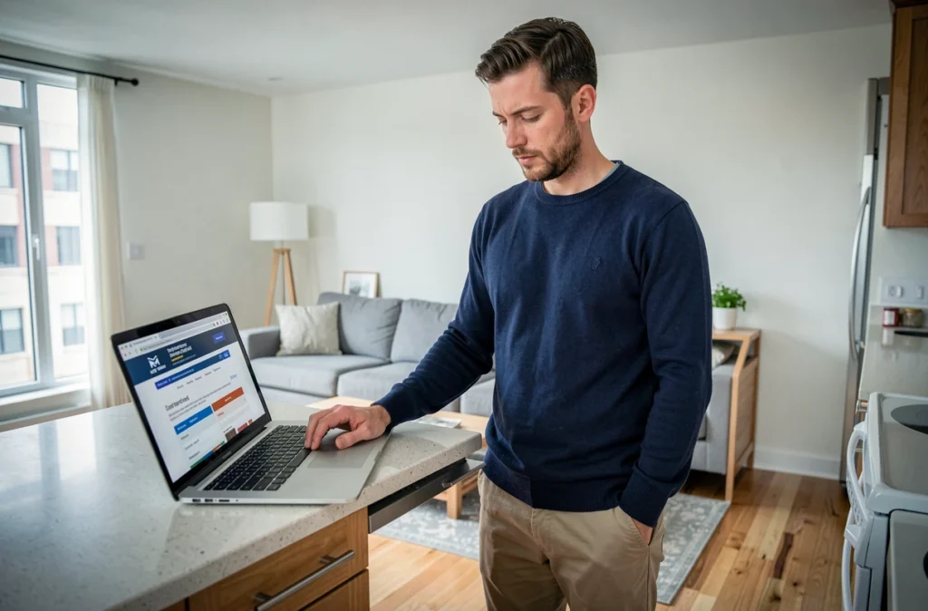 Homme locataire comparant les tarifs d'assurance habitation sur un ordinateur portable dans un salon loué