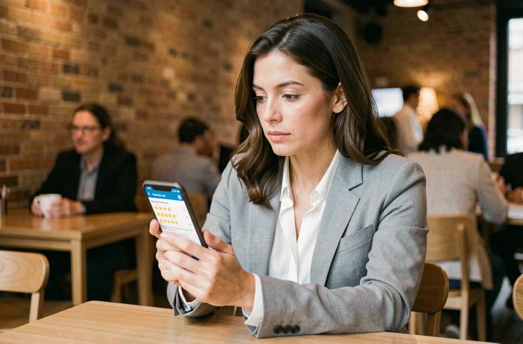 Femme consultant des avis en ligne sur son téléphone avant de signer un contrat immobilier
