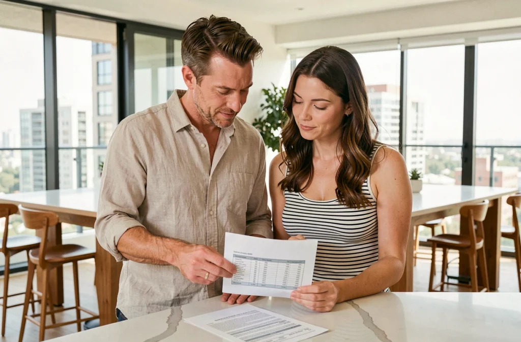 Couple examinant le calcul de leur assurance habitation dans une cuisine moderne