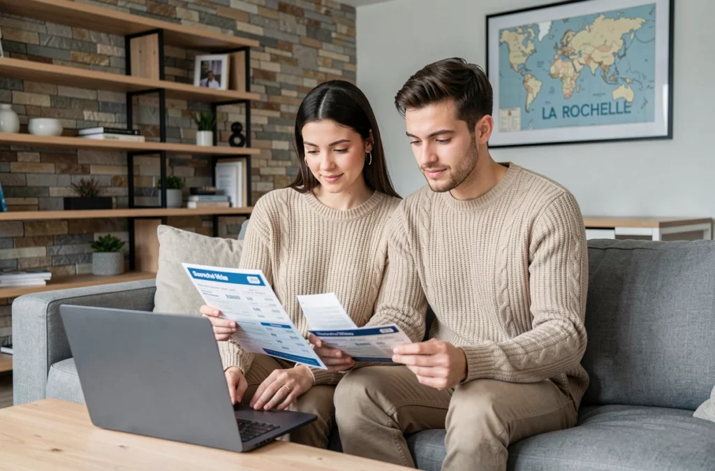 Jeune couple comparant des offres d'assurance habitation sur ordinateur dans un appartement rénové à La Rochelle