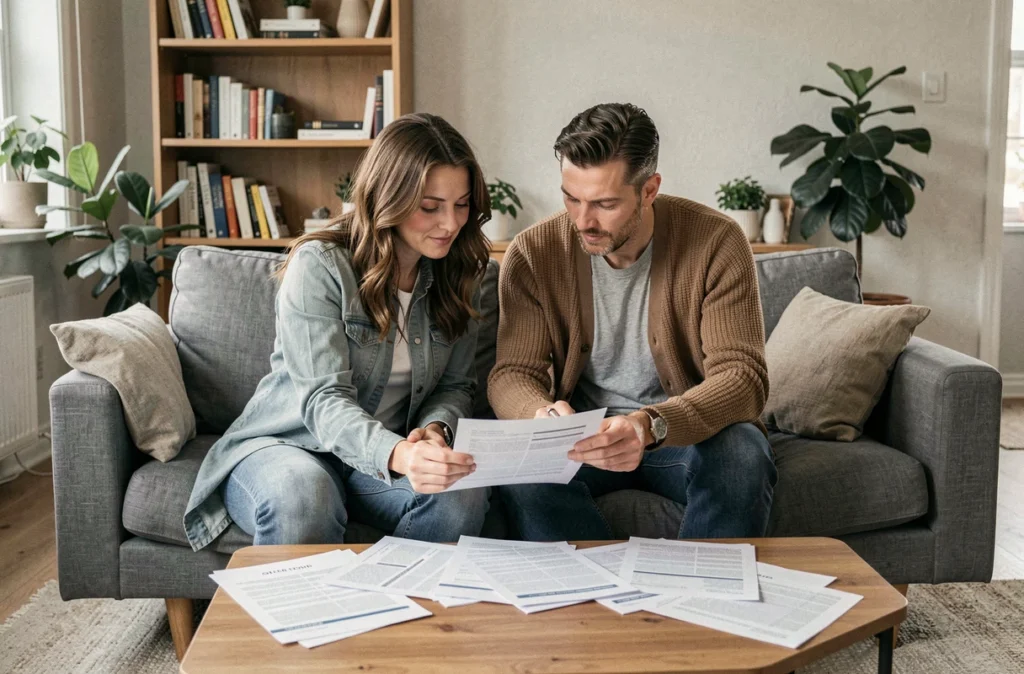 Couple examinant les garanties de leur contrat d'assurance habitation dans leur salon