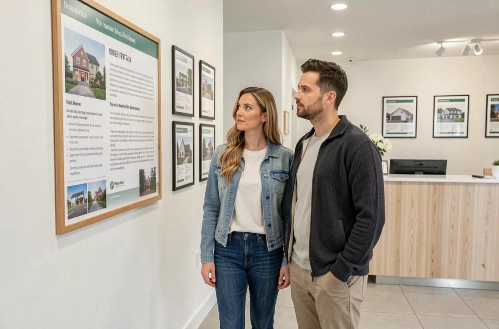 Couple lisant les avis clients affichés dans une agence Orpi Invest Immo avant de signer