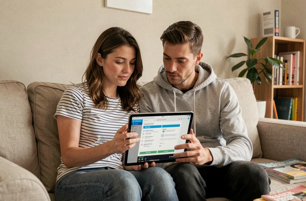 Couple de locataires consultant les options d'assurance habitation sur une tablette dans leur appartement