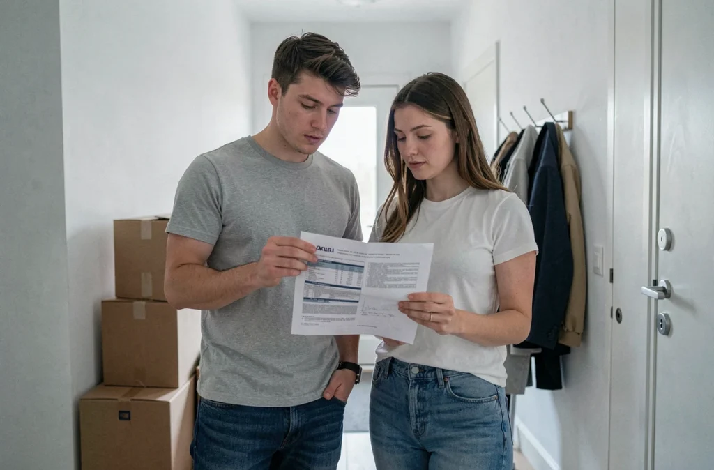 Couple de jeunes locataires examinant un contrat d'assurance habitation abordable