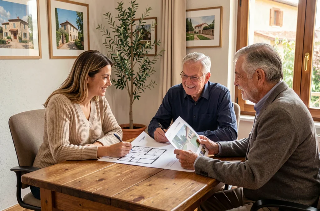 Conseillère Daprom Immobilier en réunion avec des clients dans une agence locale aux accents provençaux