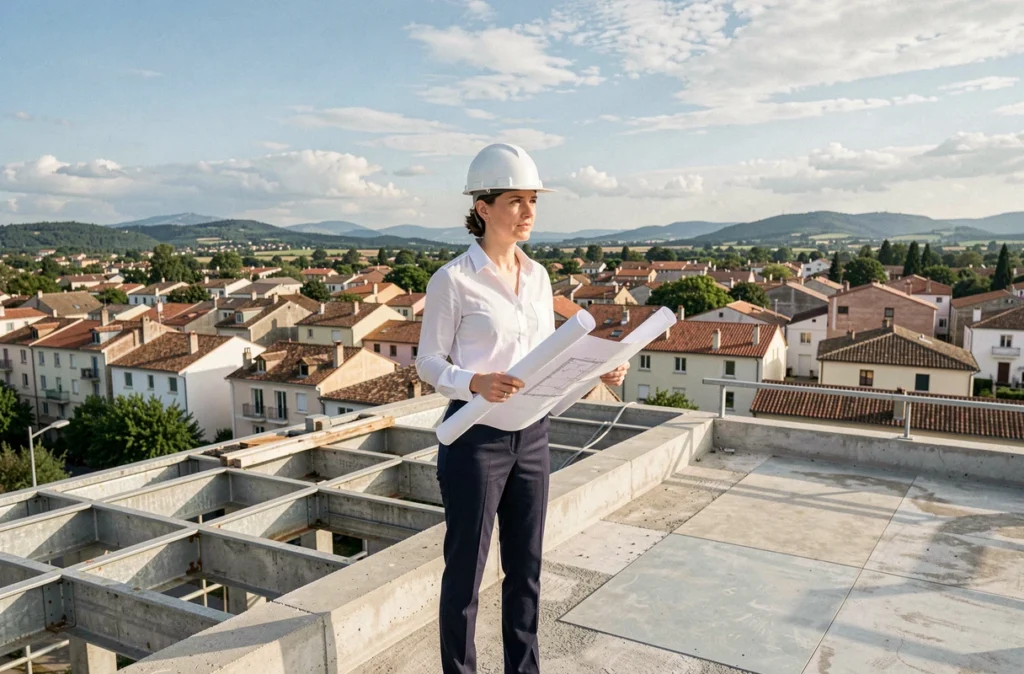 Ingénieure Eiffage Immobilier sur le toit d'un chantier résidentiel avec vue panoramique sur une ville du Var