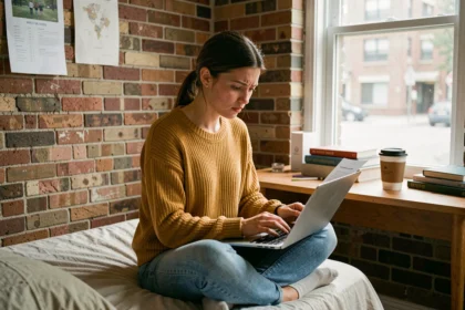 Étudiante consultant des documents d'assurance logement sur son ordinateur portable dans un petit appartement étudiant