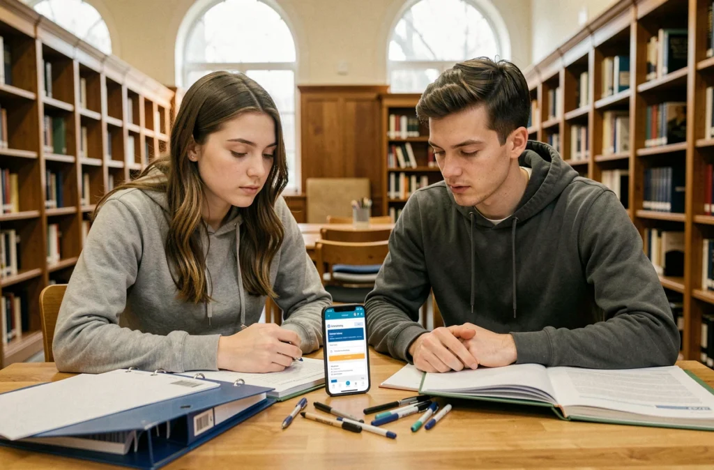 Deux étudiants comparant des offres d'assurance logement étudiant sur un smartphone dans une bibliothèque universitaire