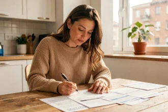 Femme comparant des offres d'assurance habitation à sa table de cuisine
