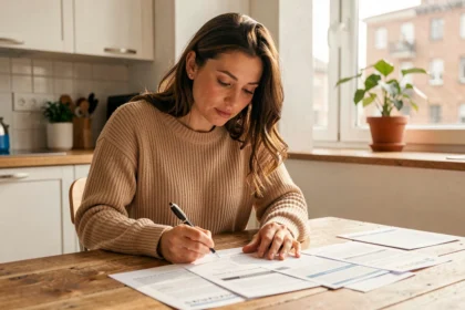 Femme comparant des offres d'assurance habitation à sa table de cuisine