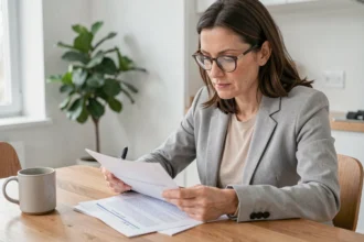 Femme consultant son contrat d'assurance habitation ACM à la table de sa cuisine