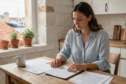 Femme consultant son contrat d'assurance habitation dans un appartement à La Rochelle avec vue sur les toits