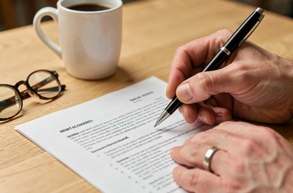 Gros plan de mains pointant une clause sur un contrat de location imprimé, symbolisant la confusion entre dépôt de garantie et caution