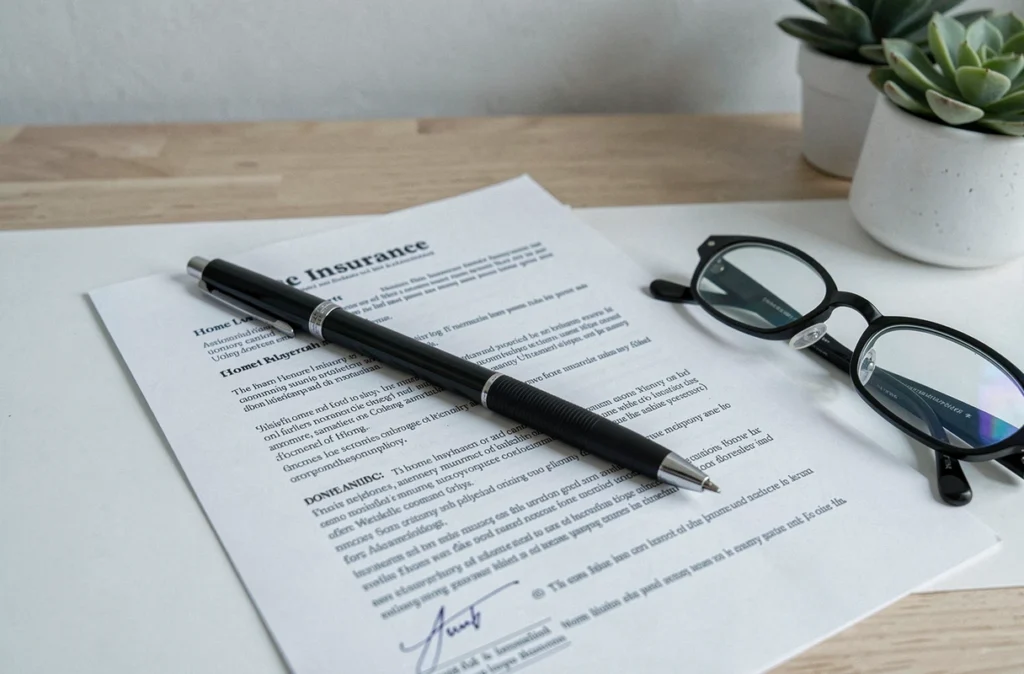 Gros plan d'un contrat d'assurance habitation ouvert avec un stylo et des lunettes sur un bureau