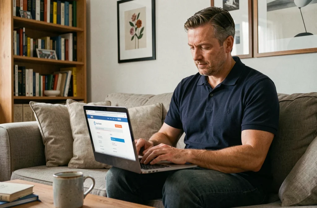 Homme consultant des avis sur une assurance habitation pas chère sur son ordinateur
